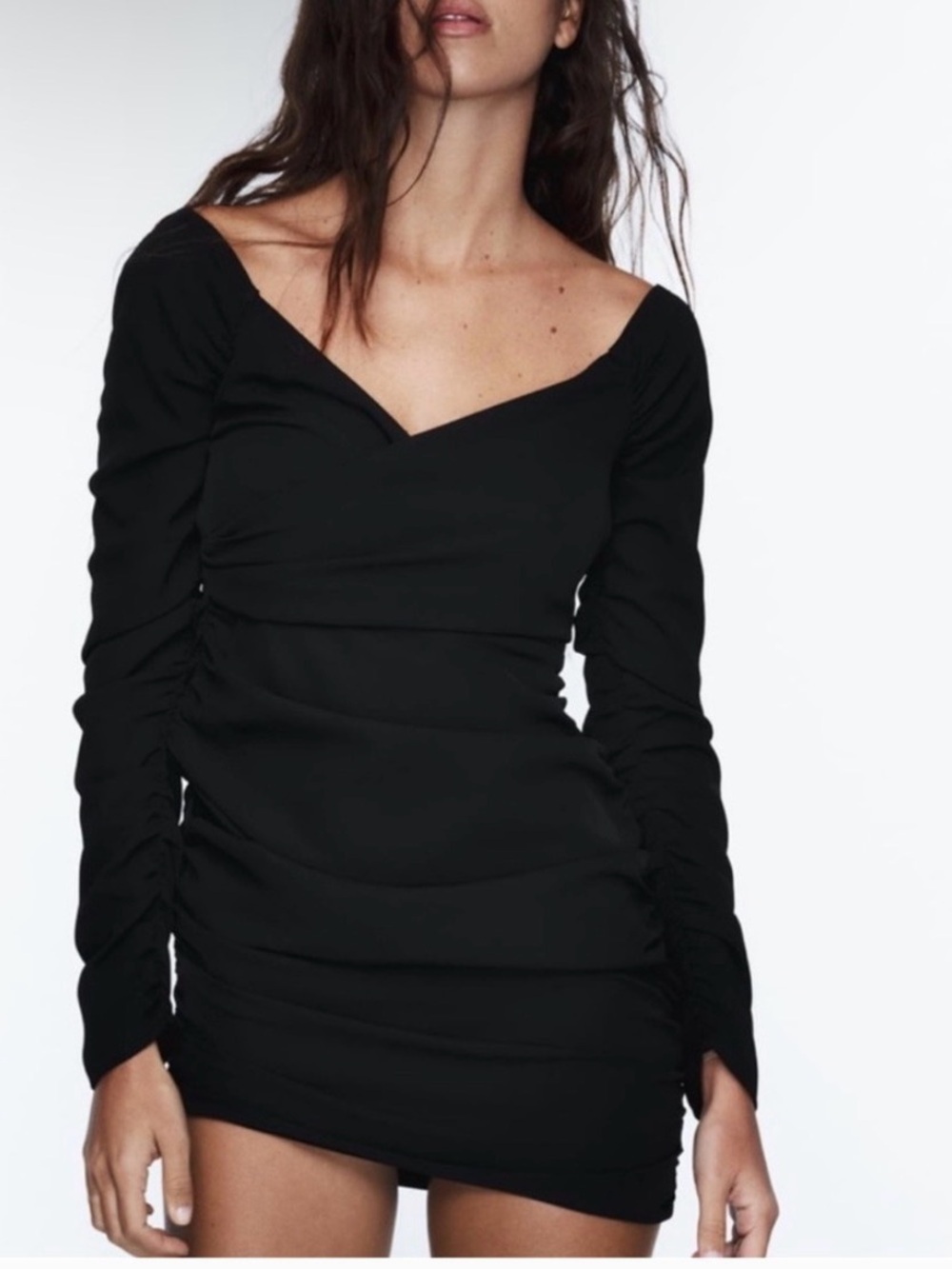 Zara New Black Ruched Mini Dress
